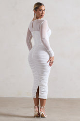 White Ruched Cut-Out Long-Sleeve Midi Dress